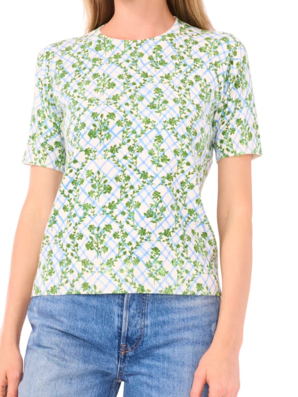 Vince Camuto Green & Blue Floral Plaid Short-Sleeve Tee